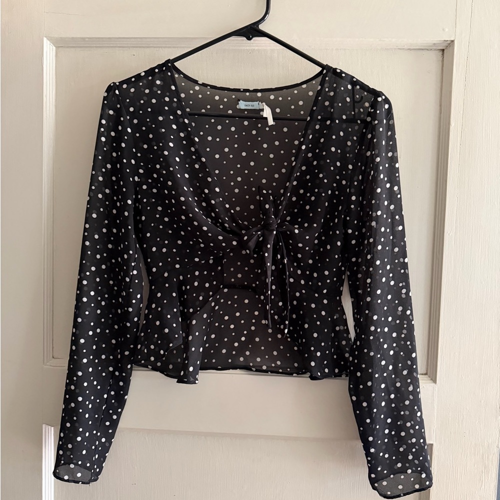 Kimchi Blue UO Sheer Black Polka Dot Tie-Front Blouse